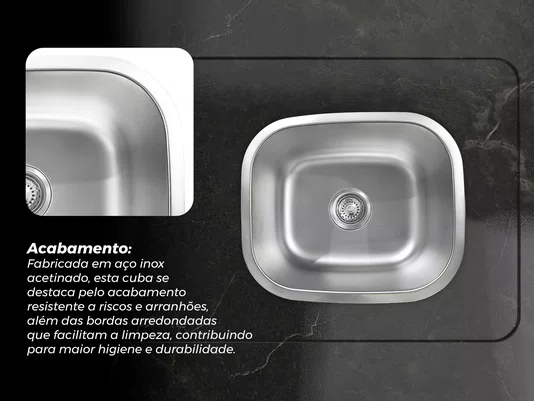 Cuba de Embutir Basic 42x36cm Em Aço Inox Acetinado Com Válvula 4.1/2