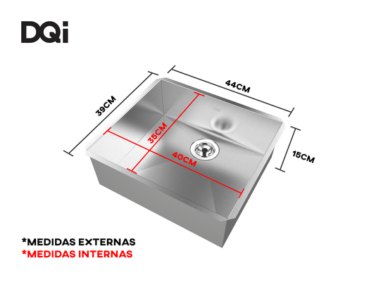 Cuba De Embutir Quadratta DQI 44x39x15 Em Aço Inox Escovado Com Válvula De 3.1/2