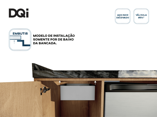 Cuba De Embutir Quadratta DQI 44x39x15 Em Aço Inox Escovado Com Válvula De 3.1/2