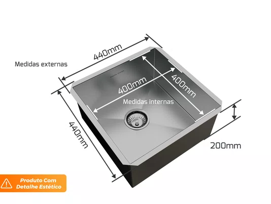 Cuba De Embutir Pia Quadrada 44x44cm Em Aço Inox Escovado Com Válvula De 4.1/2 (Outlet)