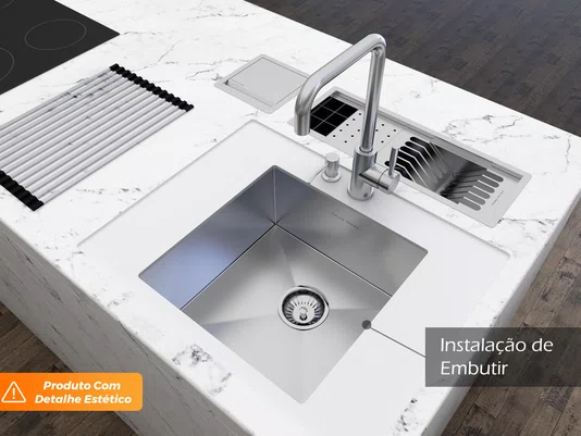 Cuba De Embutir Pia Quadrada 44x44cm Em Aço Inox Escovado Com Válvula De 4.1/2 (Outlet)