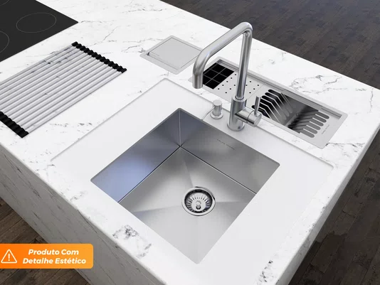 Cuba De Embutir Pia Quadrada 44x44cm Em Aço Inox Escovado Com Válvula De 4.1/2 (Outlet)
