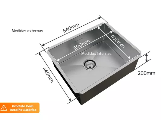Pia De Embutir Quadrada 54x44cm Profunda Em Aço Inox Escovado Com Válvula De 4.1/2 (Outlet)