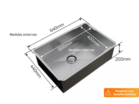 Pia De Embutir Quadratta 64x44cm Em Aço Inox Escovado Com Válvula De 4.1/2 (Outlet)