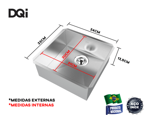 Cuba De Embutir Quadratta DQI 34x33cm Em Aço Inox Escovado Com Válvula De 3.1/2
