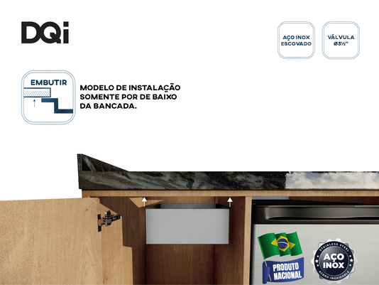Cuba De Embutir Quadratta DQI 34x33cm Em Aço Inox Escovado Com Válvula De 3.1/2