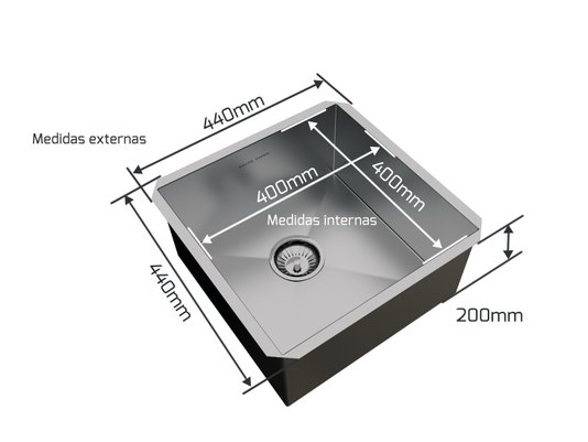 Cuba De Embutir Quadratta 40x40cm Em Aço Inox Escovado Com Válvula De 4.1/2