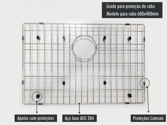 Cuba De Embutir Quadratta 60x40cm Em Aço Inox Escovado Com Escorredor + Grade Aramada e Válvula De 4.1/2