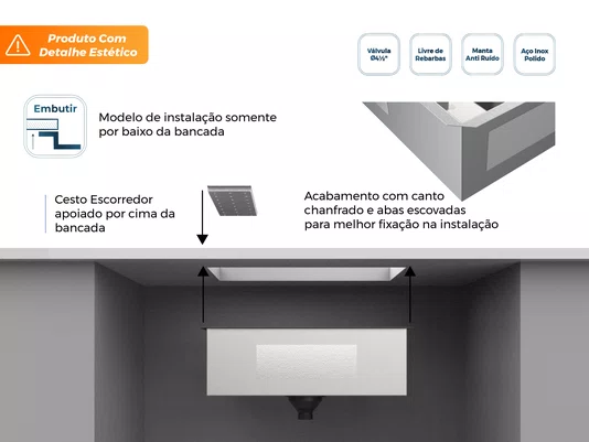 Pia Embutir Splendore Cuba 54x39cm Em Aço Inox Polido Completa Com Válvula e Escorredor (Outlet)