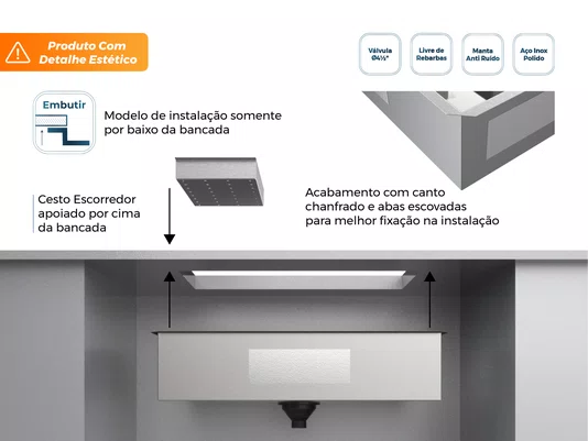 Cuba Embutir Splendore 74x39cm Em Aço Inox Polido Com Escorredor 37x20cm e Válvula De 4.1/2" (Outlet)