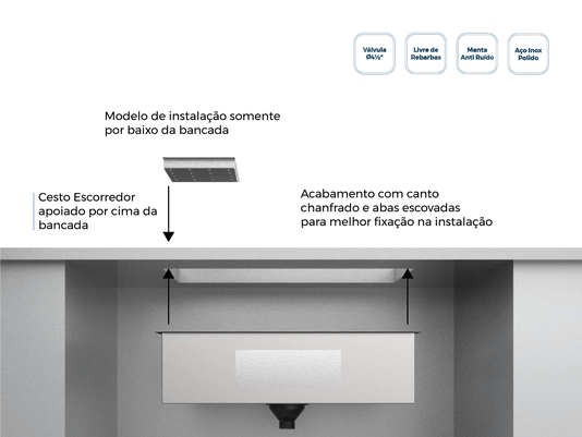 Cuba De Embutir Splendore 64x39cm Em Aço Inox Polido Com Escorredor 37,3x18cm e Válvula De 4.1/2
