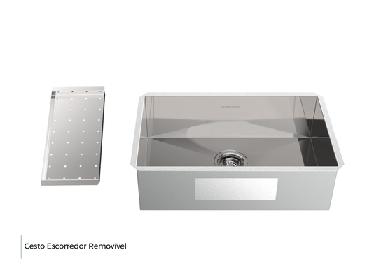 Cuba De Embutir Splendore 64x39cm Em Aço Inox Polido Com Escorredor 37,3x18cm e Válvula De 4.1/2