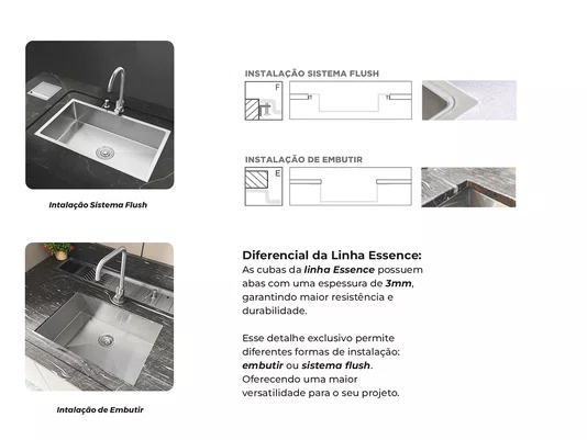 Cuba De Sobrepor Calha Úmida Essence 44x44cm Em Aço Inox Escovado Com Escorredor Válvula De 4.1/2