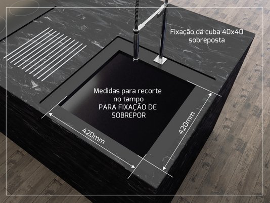Cuba De Sobrepor Quadratta 40x40cm Em Aço Inox Escovado Com Escorredor e Válvula De 4.1/2