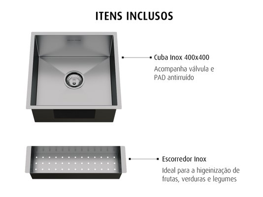 Cuba De Sobrepor Quadratta 40x40cm Em Aço Inox Escovado Com Escorredor e Válvula De 4.1/2