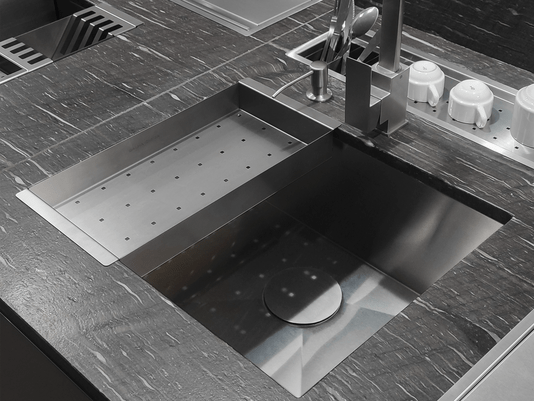 Cuba De Sobrepor Quadratta 60x40cm Em Aço Inox Escovado Com Escorredor e Tampa Decorativa Para Válvula De 4.1/2