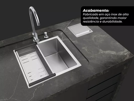Cuba De Sobrepor Calha Úmida Essence 44x44cm Em Aço Inox Escovado Com Escorredor Válvula De 4.1/2