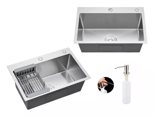 Cuba De Sobrepor Essence 60x40cm Em Aço Inox Escovado Com Escorredor Extensível, Dispenser Dosador E Válvula De 4.1/2