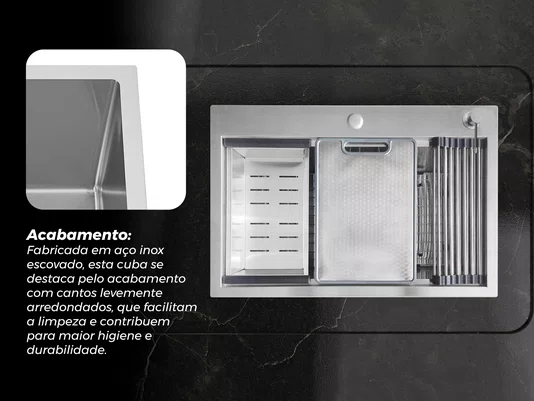 Cuba De Sobrepor Flush Essence 68x46cm Em Aço Inox Escovado Com Acessórios E Válvula De 4.1/2