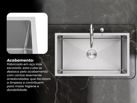 Cuba De Sobrepor Calha Úmida Essence 75x45cm Em Aço Inox Escovado Com Válvula De 4.1/2