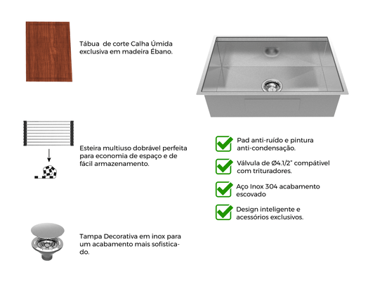 Cuba De Sobrepor Platino 64x44cm Em Aço Inox Escovado Com Acessórios e Válvula De 4.1/2
