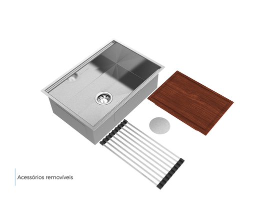 Cuba De Sobrepor Platino 64x44cm Em Aço Inox Escovado Com Acessórios e Válvula De 4.1/2