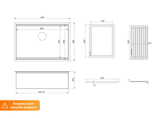 Cuba Sobrepor Platino 64x44cm Em Aço Inox Escovado Completa Com Acessórios e Válvula 4.1/2" (Outlet)