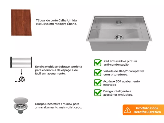 Cuba Sobrepor Platino 64x44cm Em Aço Inox Escovado Completa Com Acessórios e Válvula 4.1/2" (Outlet)