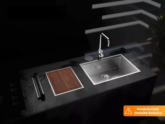 Cuba Sobrepor Platino 64x44cm Em Aço Inox Escovado Completa Com Acessórios e Válvula 4.1/2" (Outlet)