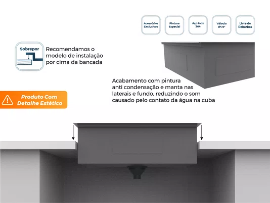 Cuba Sobrepor Platino 64x44cm Em Aço Inox Escovado Completa Com Acessórios e Válvula 4.1/2" (Outlet)
