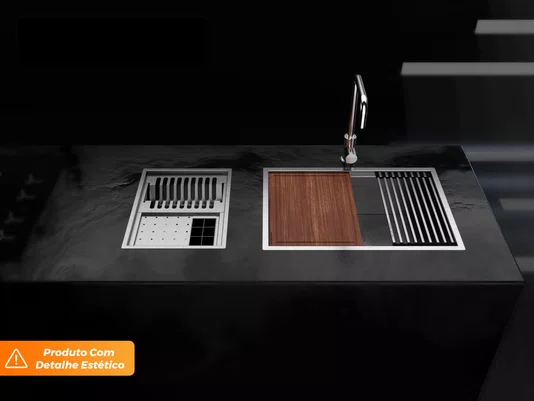 Cuba Sobrepor Platino 64x44cm Em Aço Inox Escovado Completa Com Acessórios e Válvula 4.1/2" (Outlet)