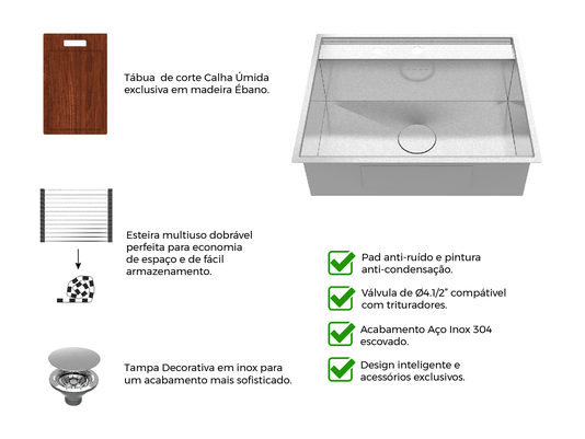 Cuba De Sobrepor Platino Exclusive 64x51cm Em Aço Inox Escovado Com Acessórios e Válvula De Ø4.1/2