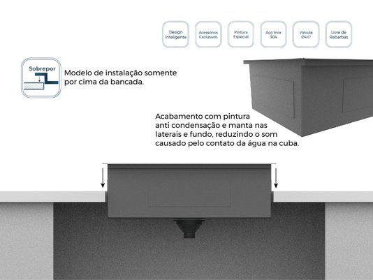Cuba De Sobrepor Platino Exclusive 64x51cm Em Aço Inox Escovado Com Acessórios e Válvula De Ø4.1/2