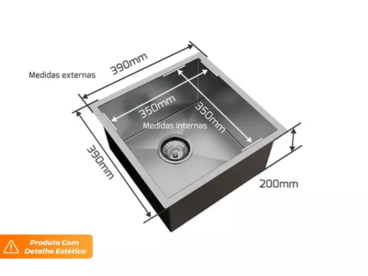 Pia Sobrepor Quadratta 39x39cm Em Aço Inox Escovado Com Válvula 3.1/2 (Outlet)