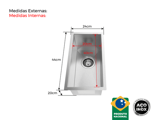 Cuba Auxiliar 40x20 Inox Escovado Para Pia E Área Gourmet Com Válvula 4.1/2