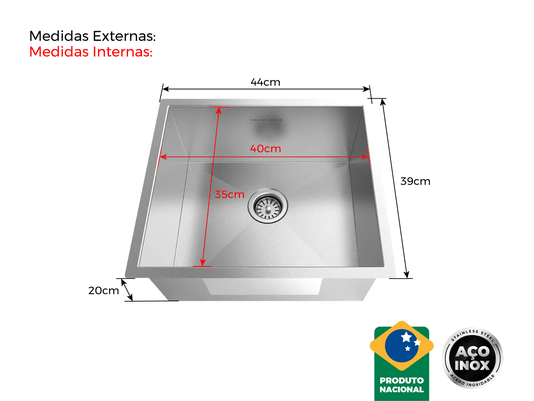 Cuba De Sobrepor Quadratta 40x35cm Em Aço Inox Escovado Com Válvula De 3.1/2