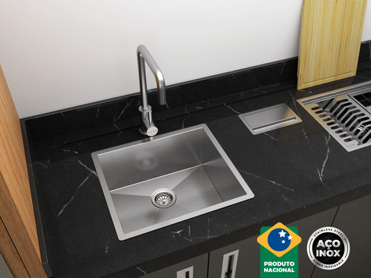 Cuba De Sobrepor Quadratta 40x35cm Em Aço Inox Escovado Com Válvula De 3.1/2