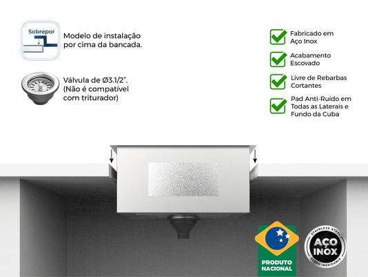 Cuba De Sobrepor Quadratta 40x35cm Em Aço Inox Escovado Com Válvula De 3.1/2