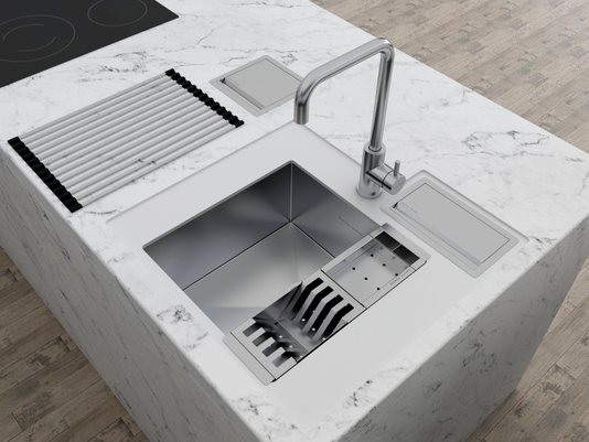 Cuba De Sobrepor Quadratta 40x40cm Em Aço Inox Escovado Com Cesto Escorredor Mini 3 Módulos e Válvula De 3.1/2