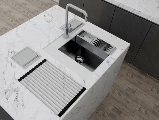 Cuba De Sobrepor Quadratta 40x40cm Em Aço Inox Escovado Com Cesto Escorredor Mini 3 Módulos e Válvula De 3.1/2