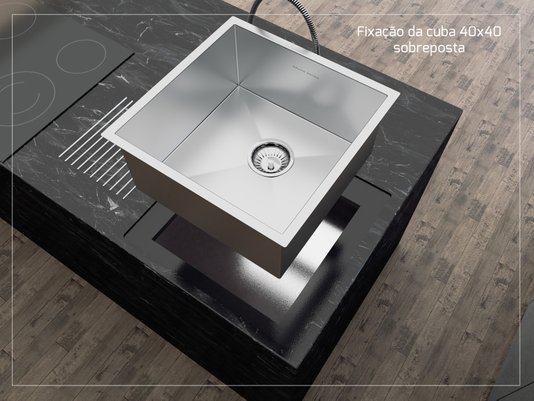 Cuba De Sobrepor Quadratta 40x40cm Em Aço Inox Escovado Com Cesto Escorredor Mini 3 Módulos e Válvula De 3.1/2