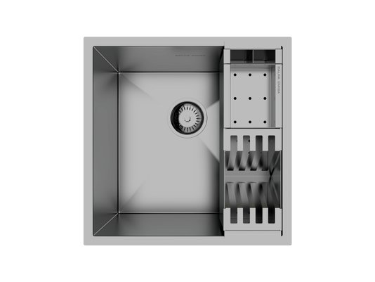 Cuba De Sobrepor Quadratta 40x40cm Em Aço Inox Escovado Com Cesto Escorredor Mini 3 Módulos e Válvula De 3.1/2