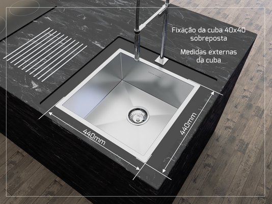 Cuba De Sobrepor Quadratta 40x40cm Em Aço Inox Escovado Com Válvula De 3.1/2