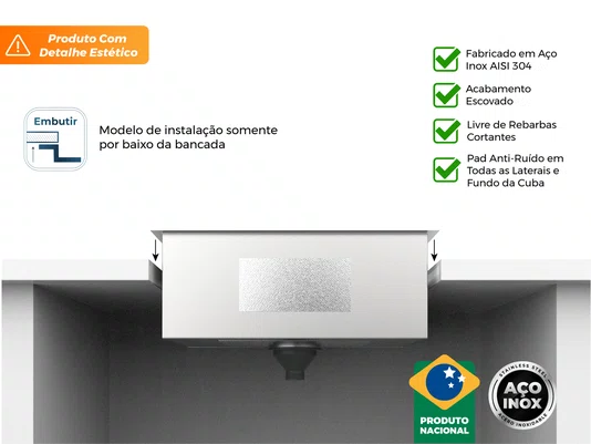 Cuba de Sobrepor Quadratta Pia 54x39cm com Válvula de 3.1/2" (Outlet)