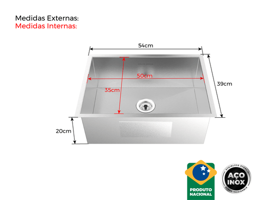 Cuba De Sobrepor Quadratta 50x35cm Em Aço Inox Escovado Com Válvula De 3.1/2