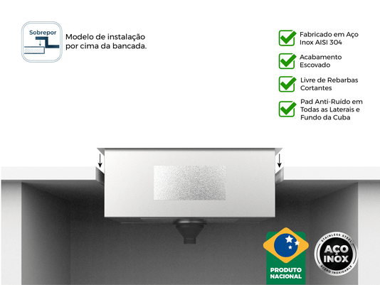 Cuba De Sobrepor Quadratta 50x35cm Em Aço Inox Escovado Com Válvula De 3.1/2