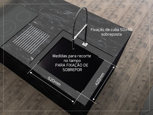 Cuba De Sobrepor Quadratta 50x40cm Em Aço Inox Escovado Com Válvula De 4.1/2