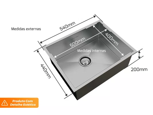 Cuba De Sobrepor Quadratta 54x44cm Em Aço Inox Escovado Com Válvula De 4.1/2 (Outlet)