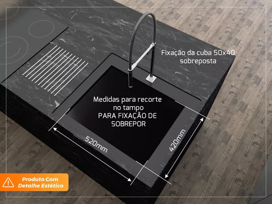Cuba De Sobrepor Quadratta 54x44cm Em Aço Inox Escovado Com Válvula De 4.1/2 (Outlet)