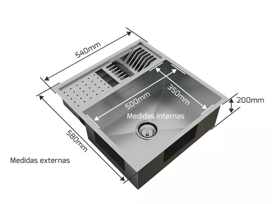 Cuba De Sobrepor Quadratta 54x58cm Em Aço Inox Escovado Com Kit Escorredor 3 Módulos Integrado e Válvula De 4.1/2